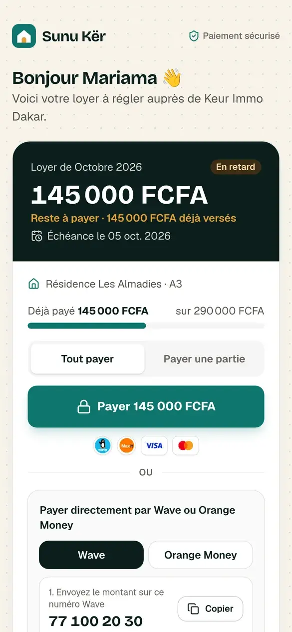 Page de paiement du locataire sur téléphone